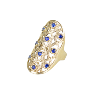 Anillo dama con zirconias en color azul oro 10k
